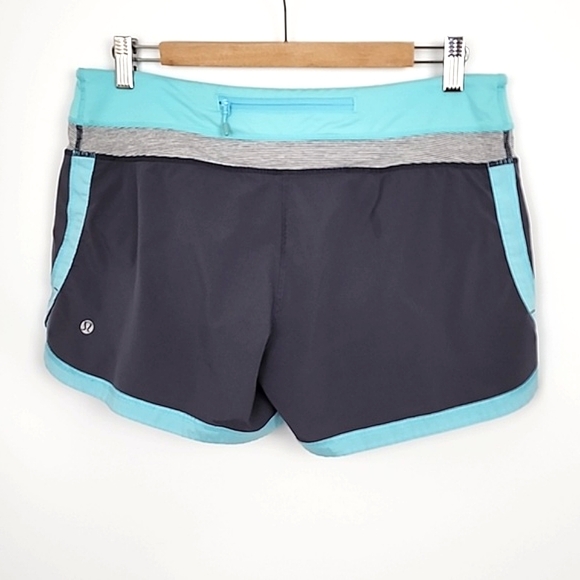 lululemon athletica Pants - Lululemon Groovy Run Short Grey Light Blue Trim Stretch 4.5" Inseam Size 8